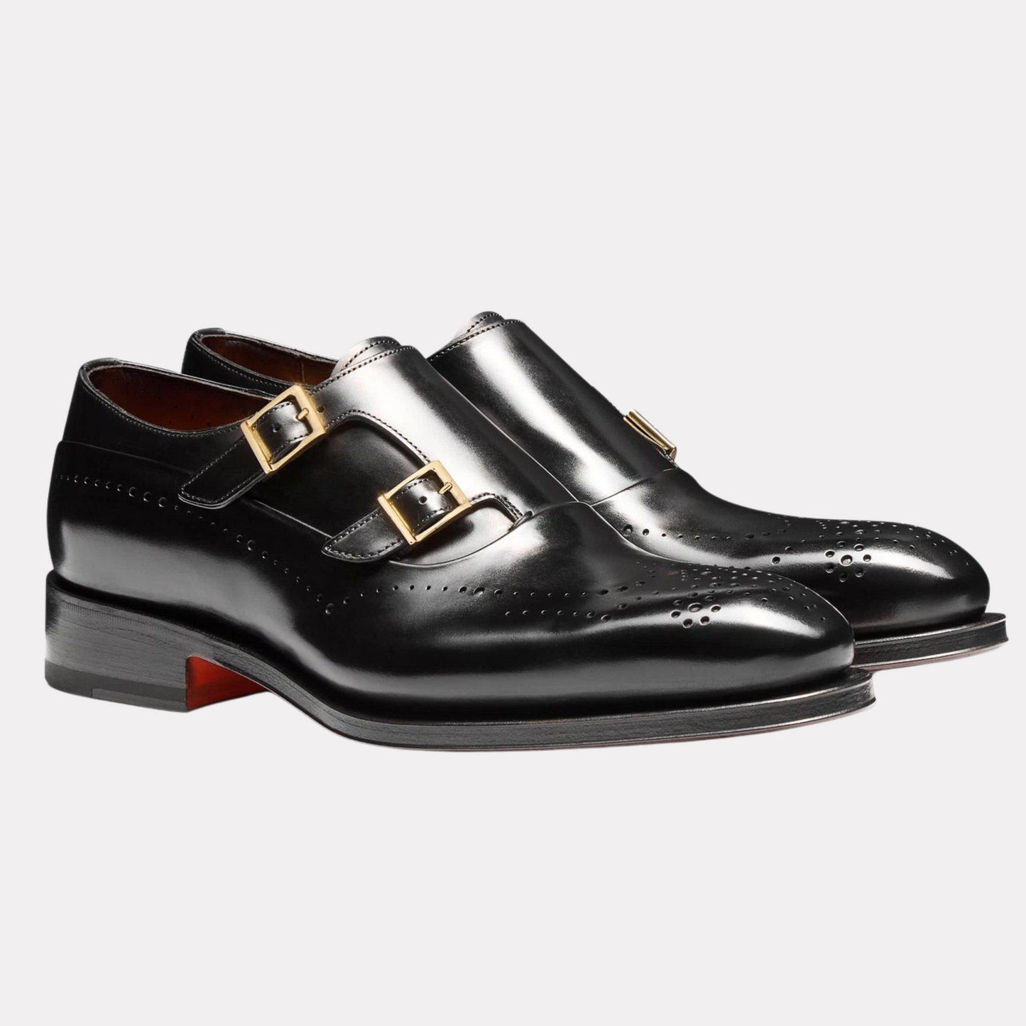 Black leather brogue double-buckle shoe
