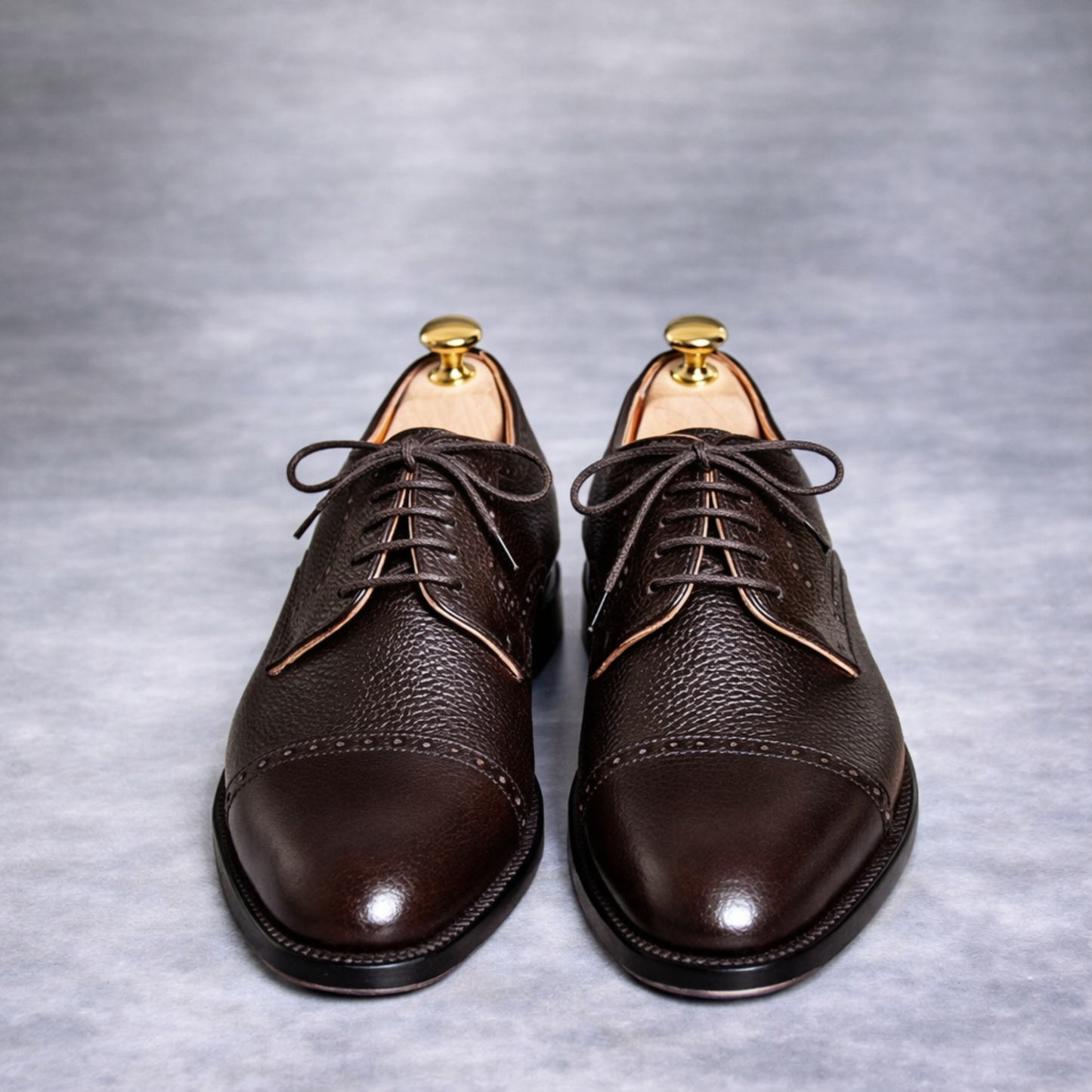 Handcrafted Brown Pebbled Leather Cap-Toe Oxford Shoes for Men