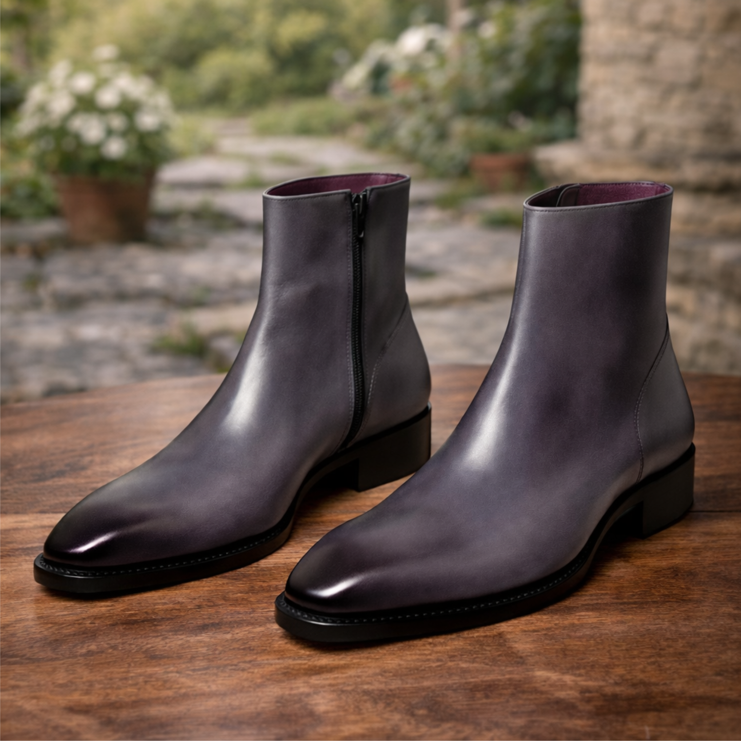 Handcrafted Grey Patina Leather Ankle Boots