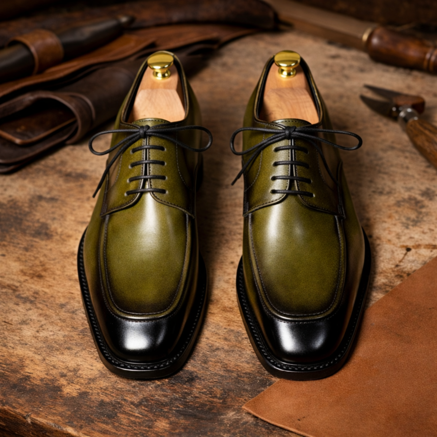 Handcrafted Green Patina Leather Derby Shoes