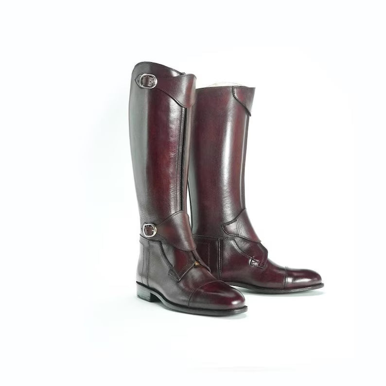 Handmade Burgundy Leather Riding Boots | Classic Equestrian Tall Boots with Dual Buckles