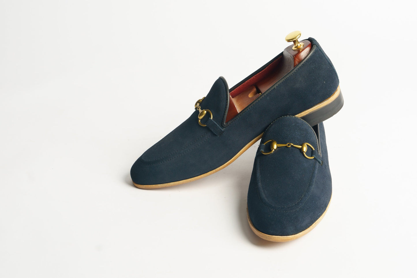 Handmade Navy Suede Loafers: Leather Dress Shoes with Horse Bit