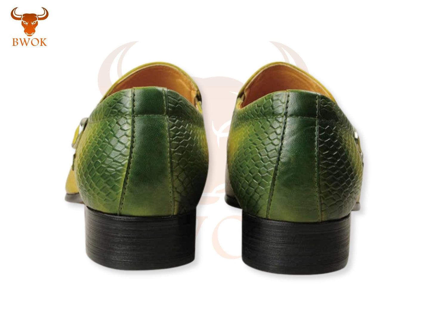Handmade Italian Leather Monk Strap Shoes: Yellow Green Alligator Texture