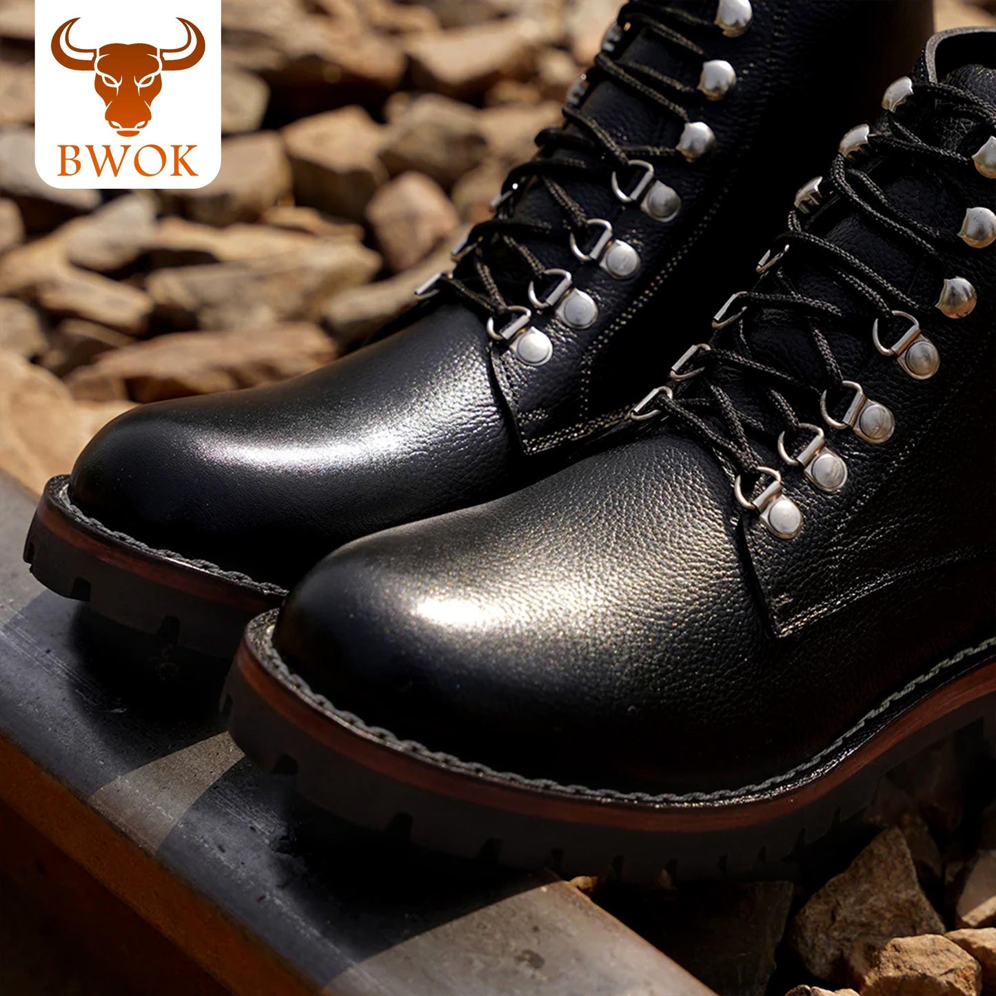Handmade Black Leather Derby Boots: Rugged Ankle Boots with Silver Hooks