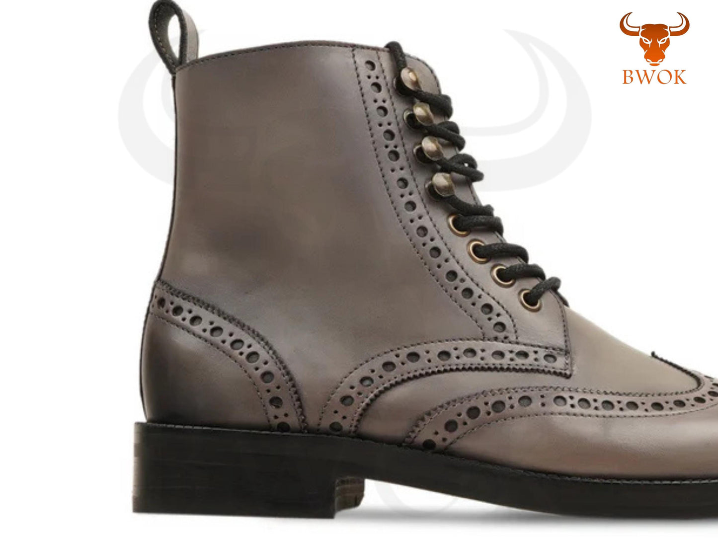 Handgefertigte graue Leder-Wingtip-Stiefeletten: Brogue Ankle Boots