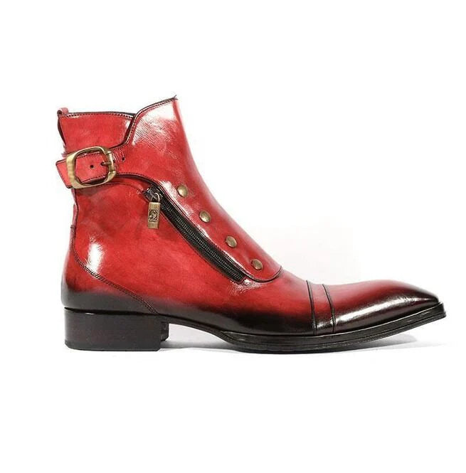Botines de hombre de cuero rojo con cremallera lateral, puntera y tira con hebilla