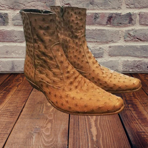 Men’s Tan Ostrich-Embossed Leather Ankle Boots with Almond Toe