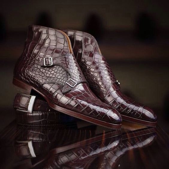 Men’s Burgundy Crocodile-Embossed Leather Monk Strap Ankle Boots