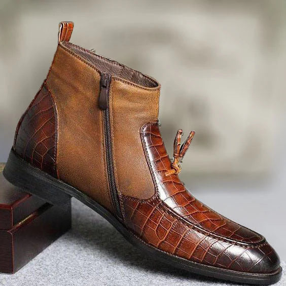 Brown Croc-Embossed Leather Ankle Boots with Side Zip – Handcrafted Dress Boots