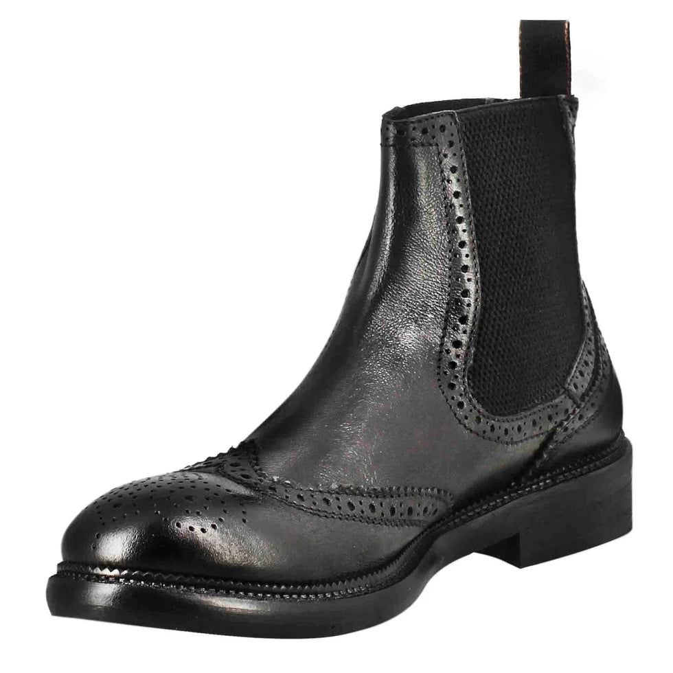 Black Leather Brogue Chelsea Boots with Elastic Panels – Classic Ankle Boots