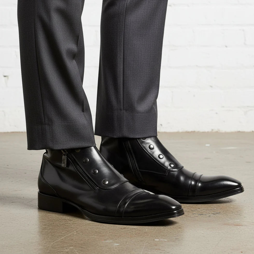 Men’s Black Leather Side-Zip Ankle Boots with Buckle Strap and Cap Toe