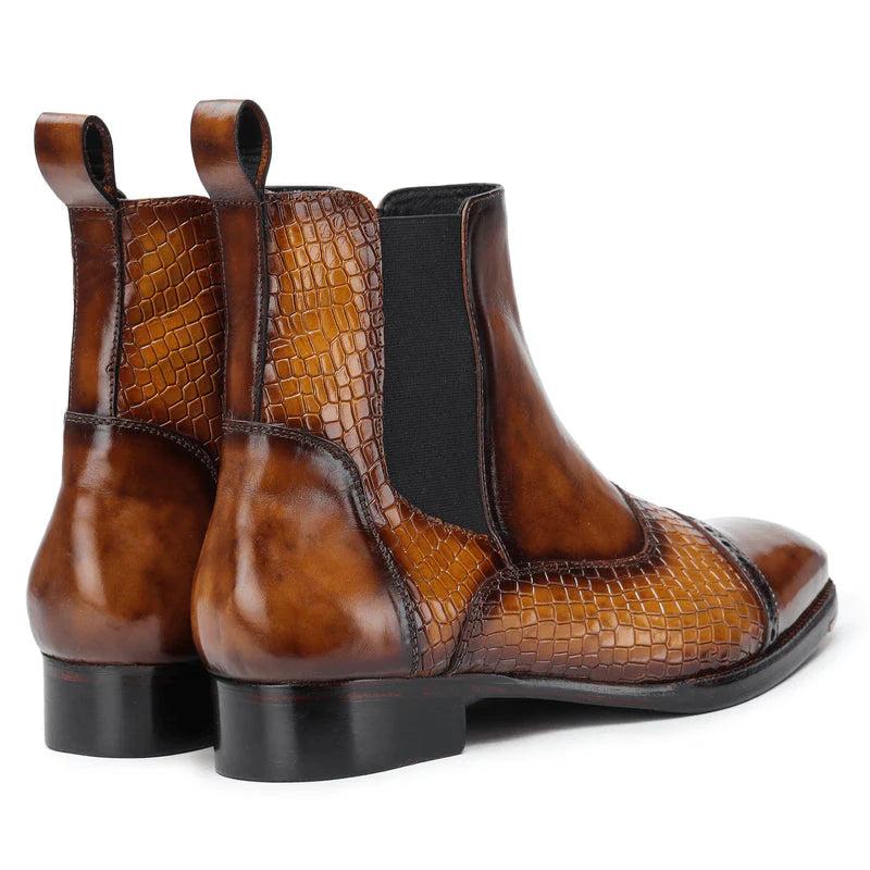 Brown Patina Leather Chelsea Boots with Croc-Embossed Panels – Premium Ankle Boots