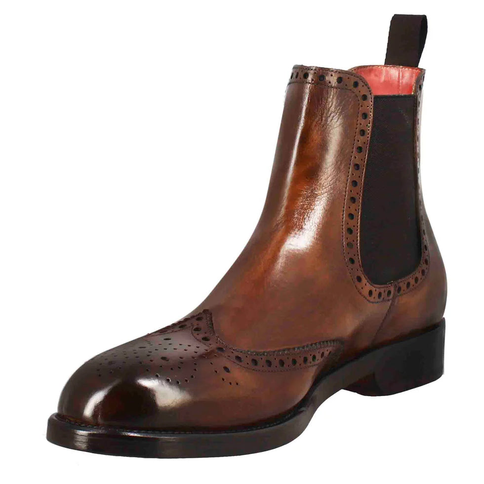 Brown Leather Brogue Chelsea Boots with Hand-Finished Patina – Classic Ankle Boots