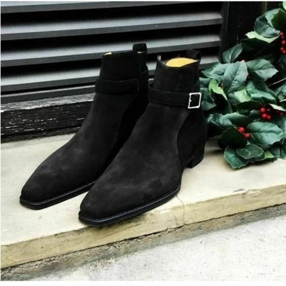 Men’s Black Suede Jodhpur Ankle Boots with Buckle Strap