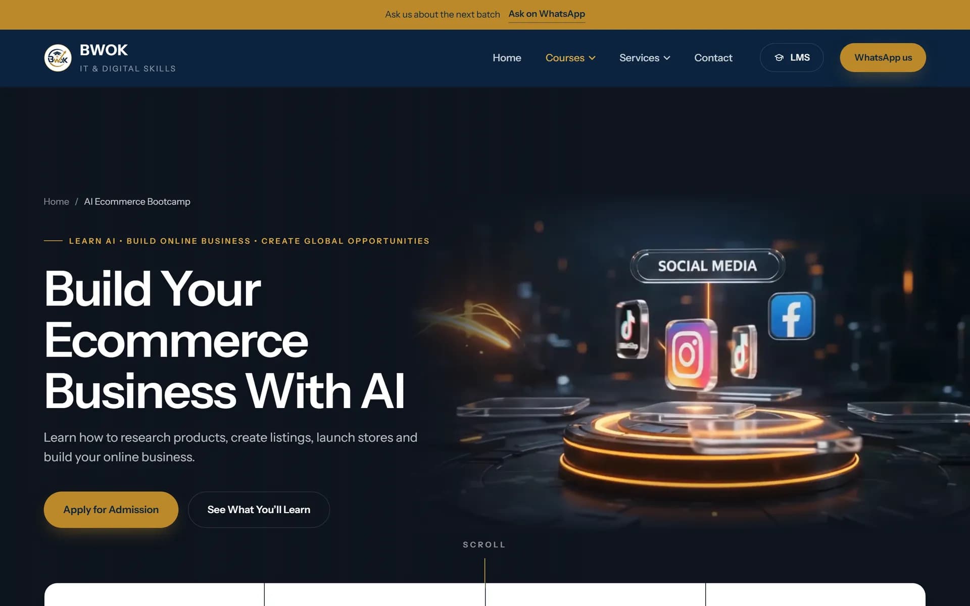 A BWOK Institute course page for the AI Ecommerce Bootcamp: build your ecommerce business with AI, with admission and curriculum links.
