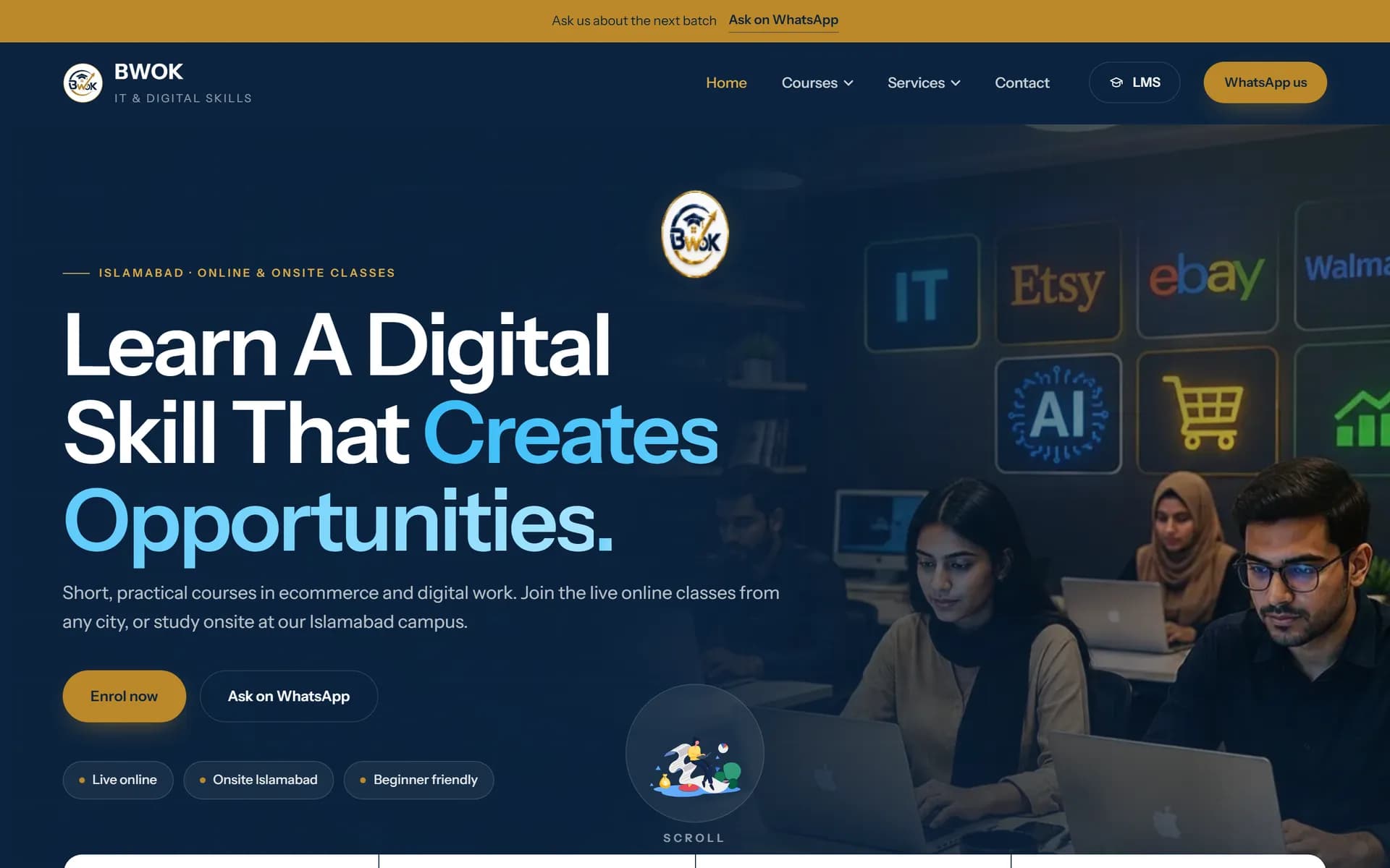 The BWOK Institute website: Islamabad, online and onsite classes, with the headline Learn a digital skill that creates opportunities and a classroom in the background.