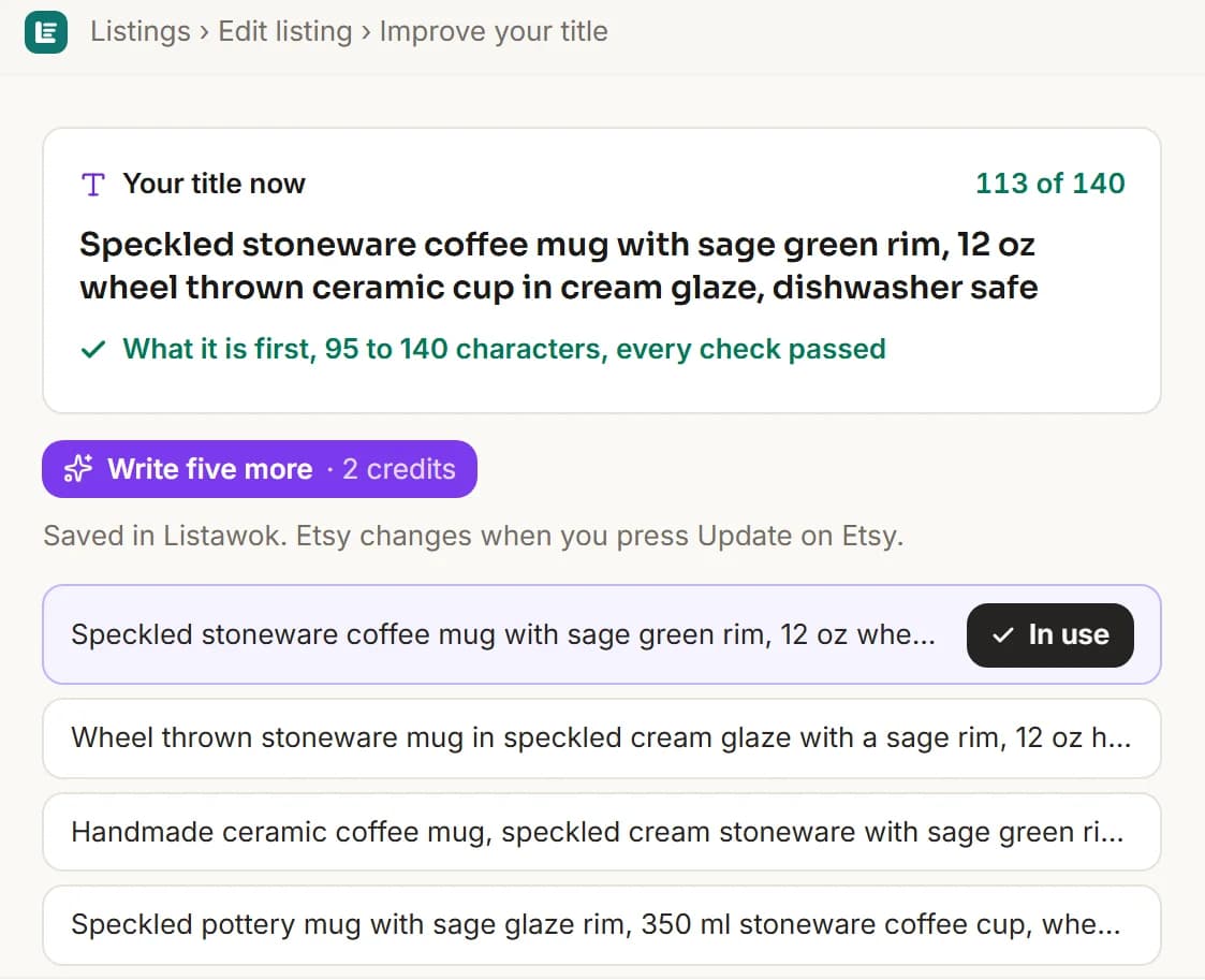 Listawok title manager: the current title checked against Etsy's guidance, and alternative titles written for the shop to choose from.