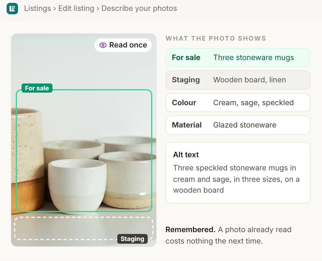 Listawok photo reader: what is for sale separated from the staging, with colour, material and alt text read from the photo.