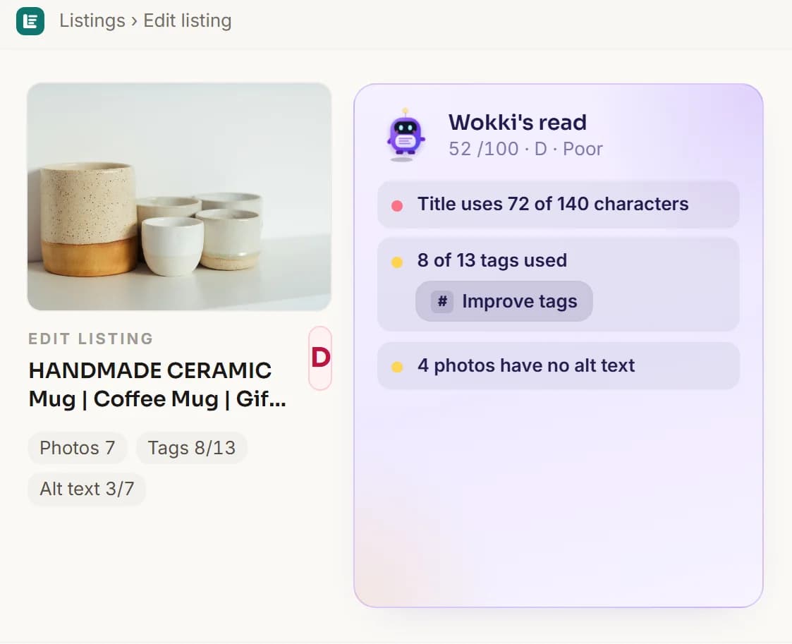 Listawok listing editor: a product photo and title on the left, and Wokki's read on the right, a graded list of what holds the listing back with the fix beside each row.