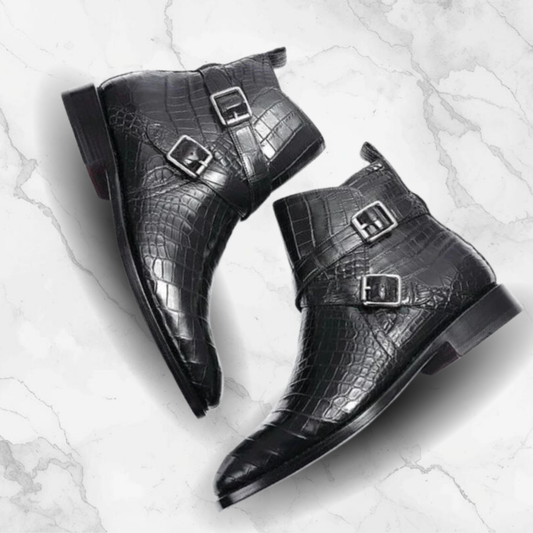 Black Crocodile-Embossed Jodhpur Ankle Boots with Double Buckle – Leather Sole