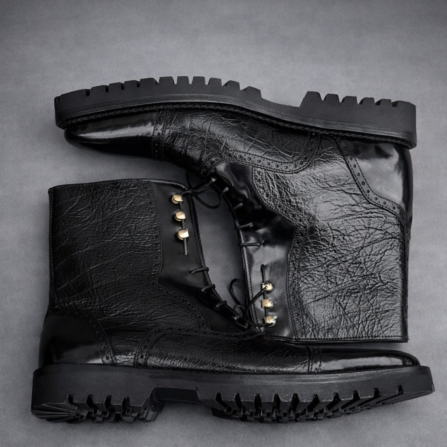 Handcrafted Black Leather Lace-Up Combat Boots with Rugged Sole