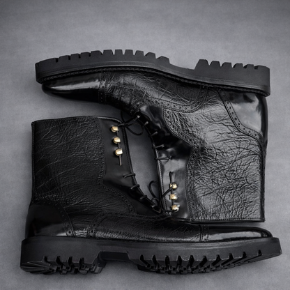 Handcrafted Black Leather Lace-Up Combat Boots with Rugged Sole