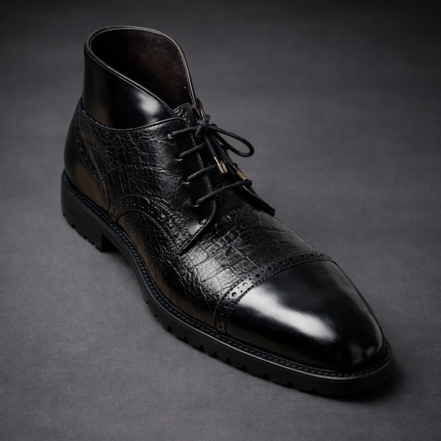 Handcrafted Black Leather Lace-Up Combat Boots with Rugged Sole