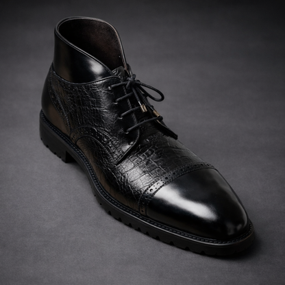 Handcrafted Black Leather Lace-Up Combat Boots with Rugged Sole