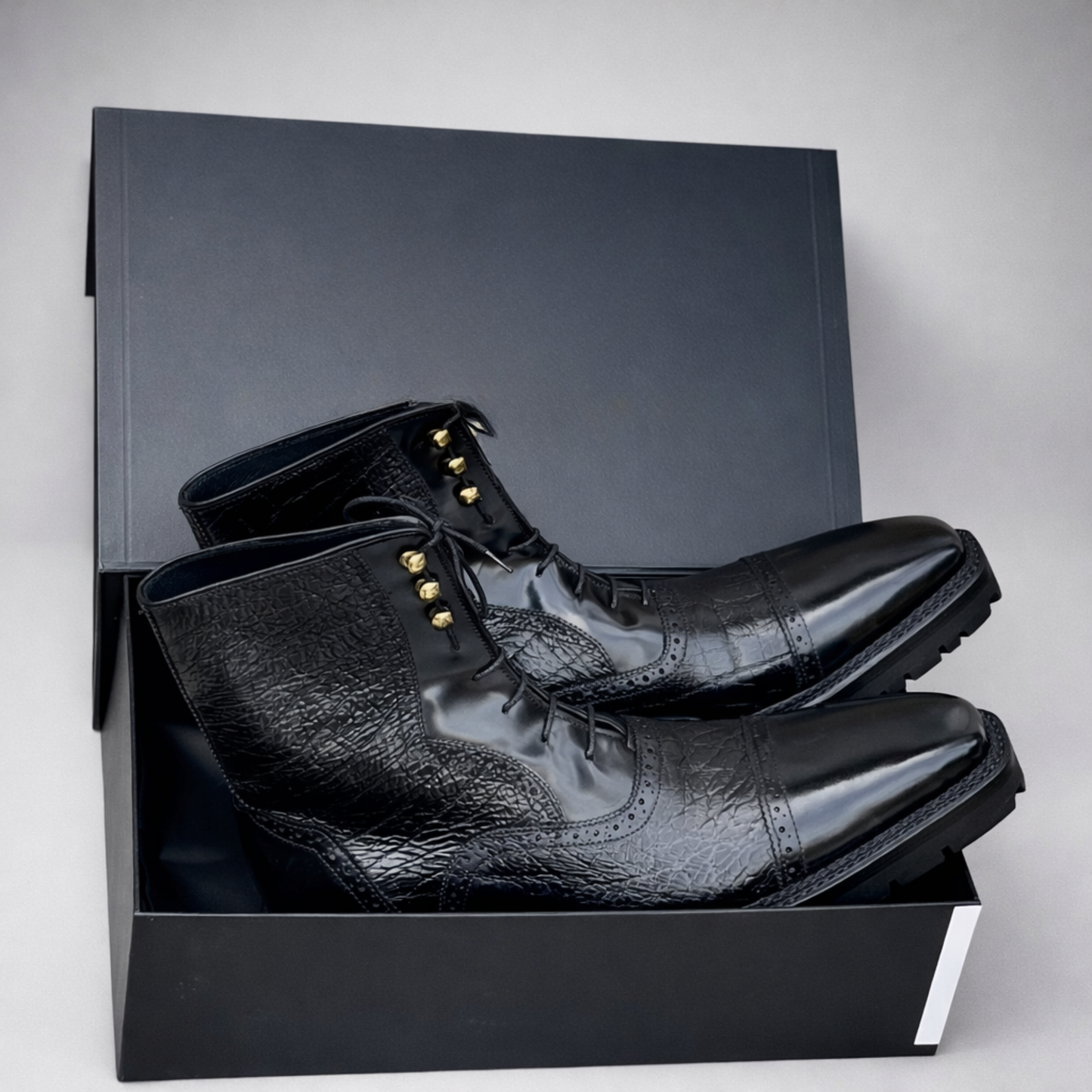 Handcrafted Black Leather Lace-Up Combat Boots with Rugged Sole
