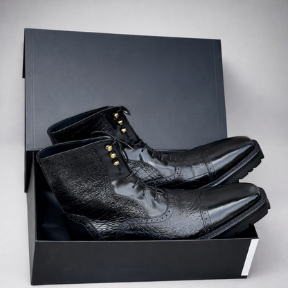 Handcrafted Black Leather Lace-Up Combat Boots with Rugged Sole