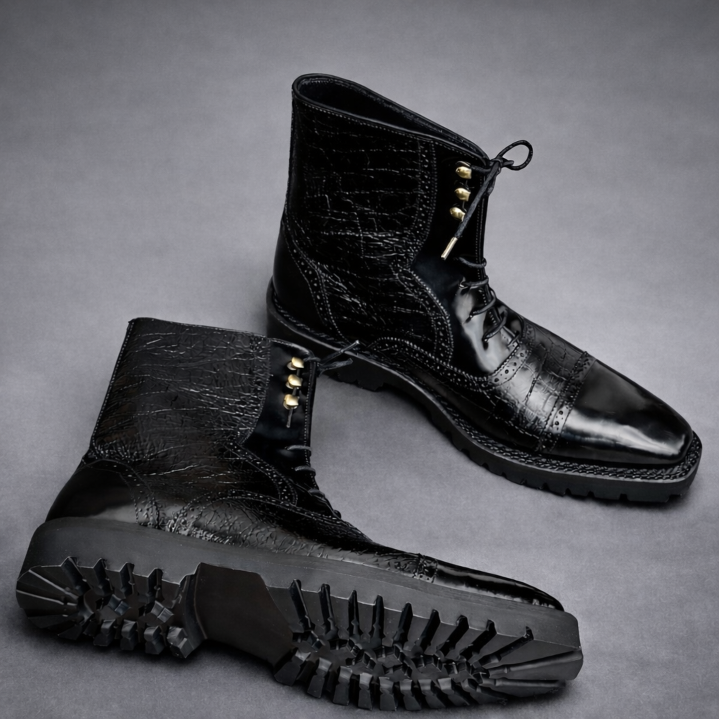 Handcrafted Black Leather Lace-Up Combat Boots with Rugged Sole