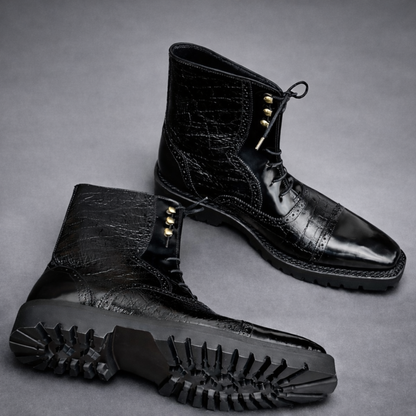 Handcrafted Black Leather Lace-Up Combat Boots with Rugged Sole