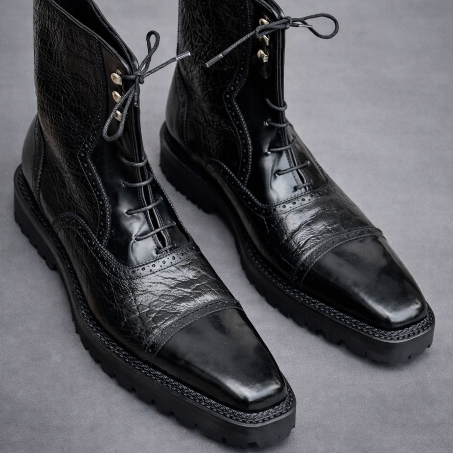 Handcrafted Black Leather Lace-Up Combat Boots with Rugged Sole