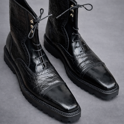 Handcrafted Black Leather Lace-Up Combat Boots with Rugged Sole