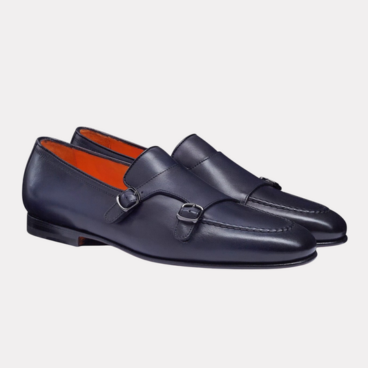 Handmade blue leather double-buckle loafer