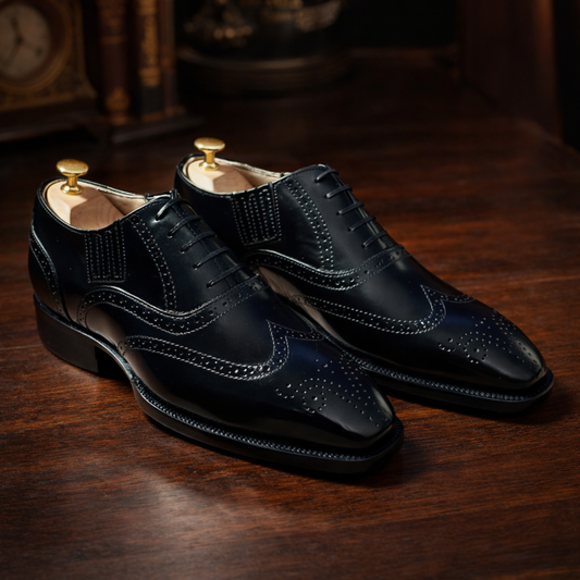 Handcrafted Black Leather Wingtip Brogue Oxford Shoes for Men