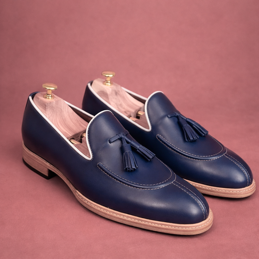Handcrafted Navy Blue Leather Tassel Loafers for Men