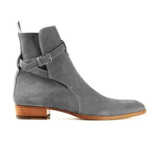 Grey Suede Jodhpur Ankle Boots with Buckle Strap – Handcrafted Leather Sole
