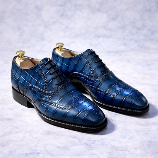 Handcrafted Blue Crocodile-Embossed Leather Wingtip Brogue Oxford Shoes for Men