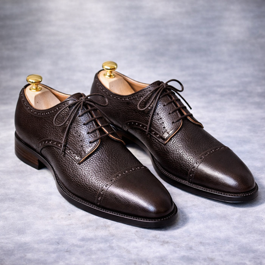 Handcrafted Brown Pebbled Leather Cap-Toe Oxford Shoes for Men