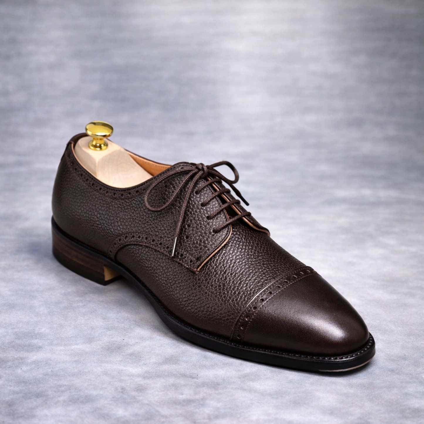 Handcrafted Brown Pebbled Leather Cap-Toe Oxford Shoes for Men