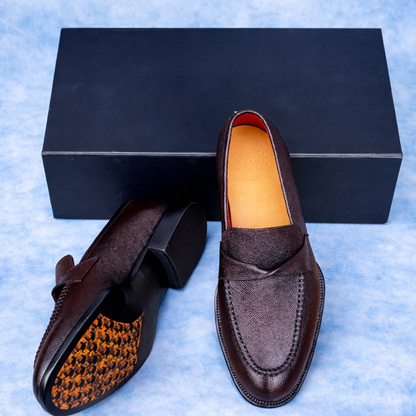 Handcrafted Brown Textured Leather Penny Loafers for Men