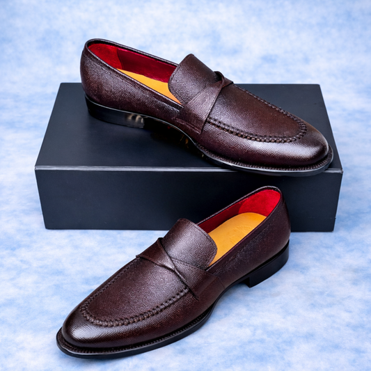 Handcrafted Brown Textured Leather Penny Loafers for Men
