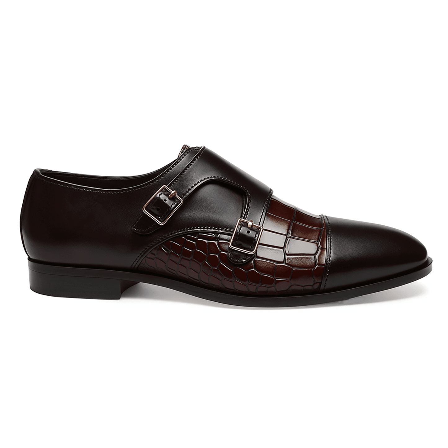 Handmade Brown Double Monk Strap Shoes | Croc-Embossed Leather