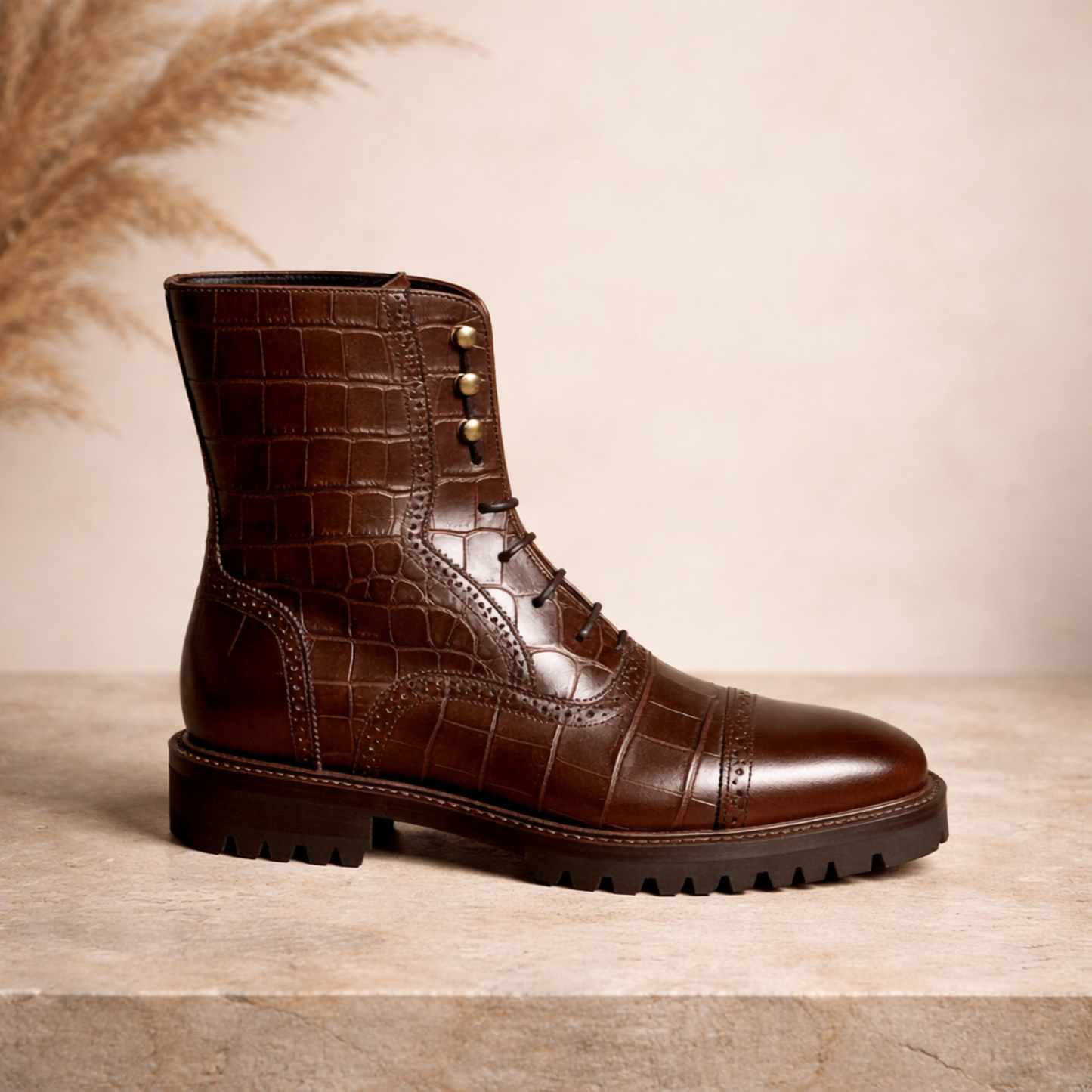 Handcrafted Brown Crocodile-Embossed Leather Lace-Up Boots
