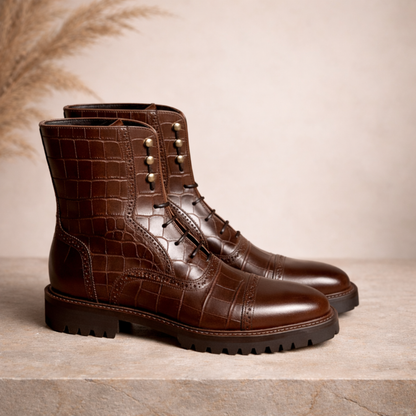 Handcrafted Brown Crocodile-Embossed Leather Lace-Up Boots
