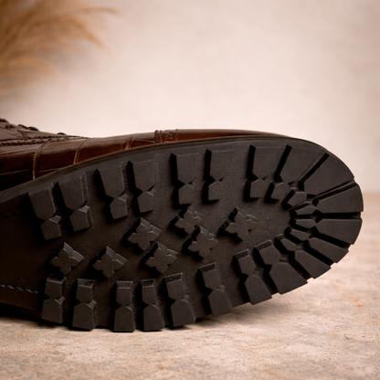 Handcrafted Brown Crocodile-Embossed Leather Lace-Up Boots