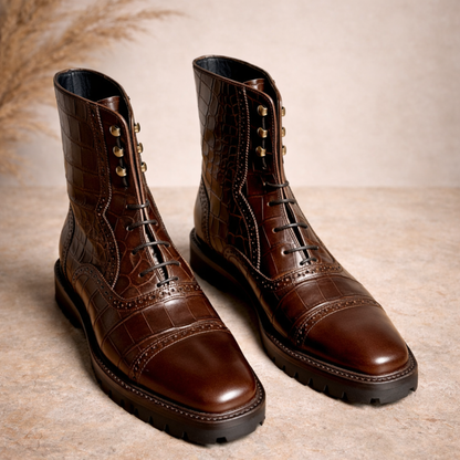 Handcrafted Brown Crocodile-Embossed Leather Lace-Up Boots