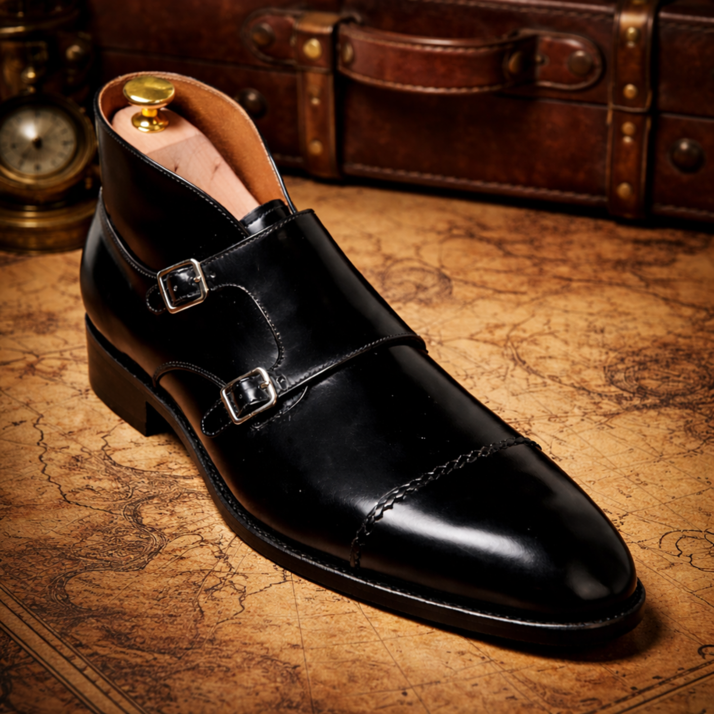 Handcrafted Black Leather Double Monk Strap Shoes for Men