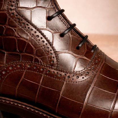 Handcrafted Brown Crocodile-Embossed Leather Lace-Up Boots